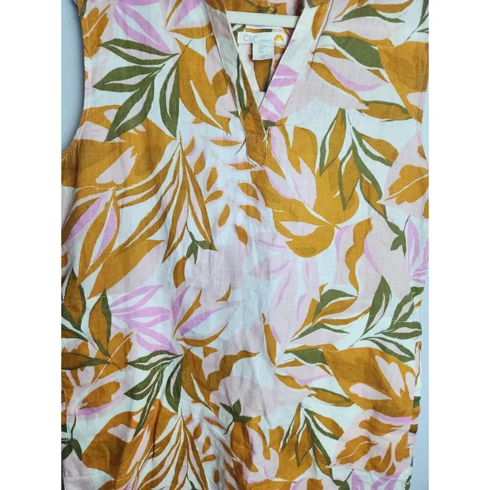 C&C California tropical linen shift dress sz L pockets opt tie waist boxy beachy - Picture 2 of 10